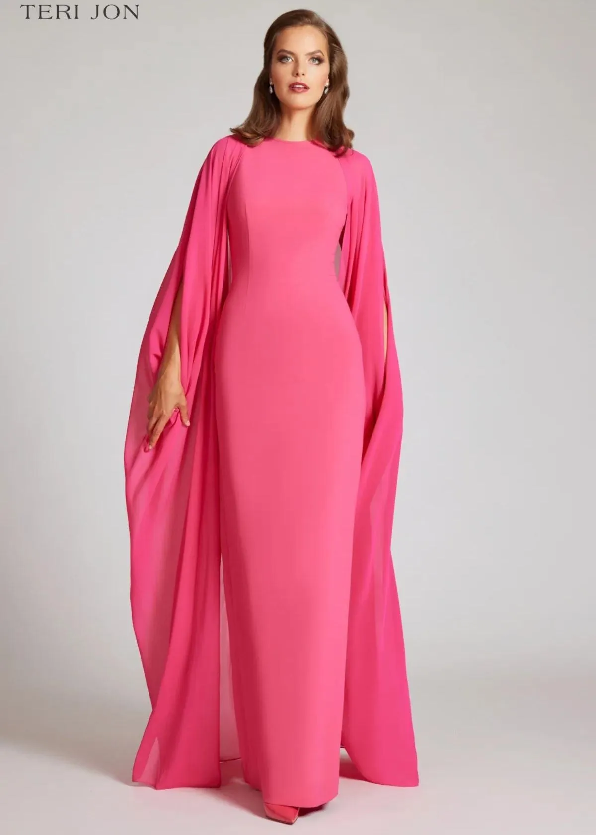 TERI JON Crepe Column Gown with Chiffon Overlay - Watermelon