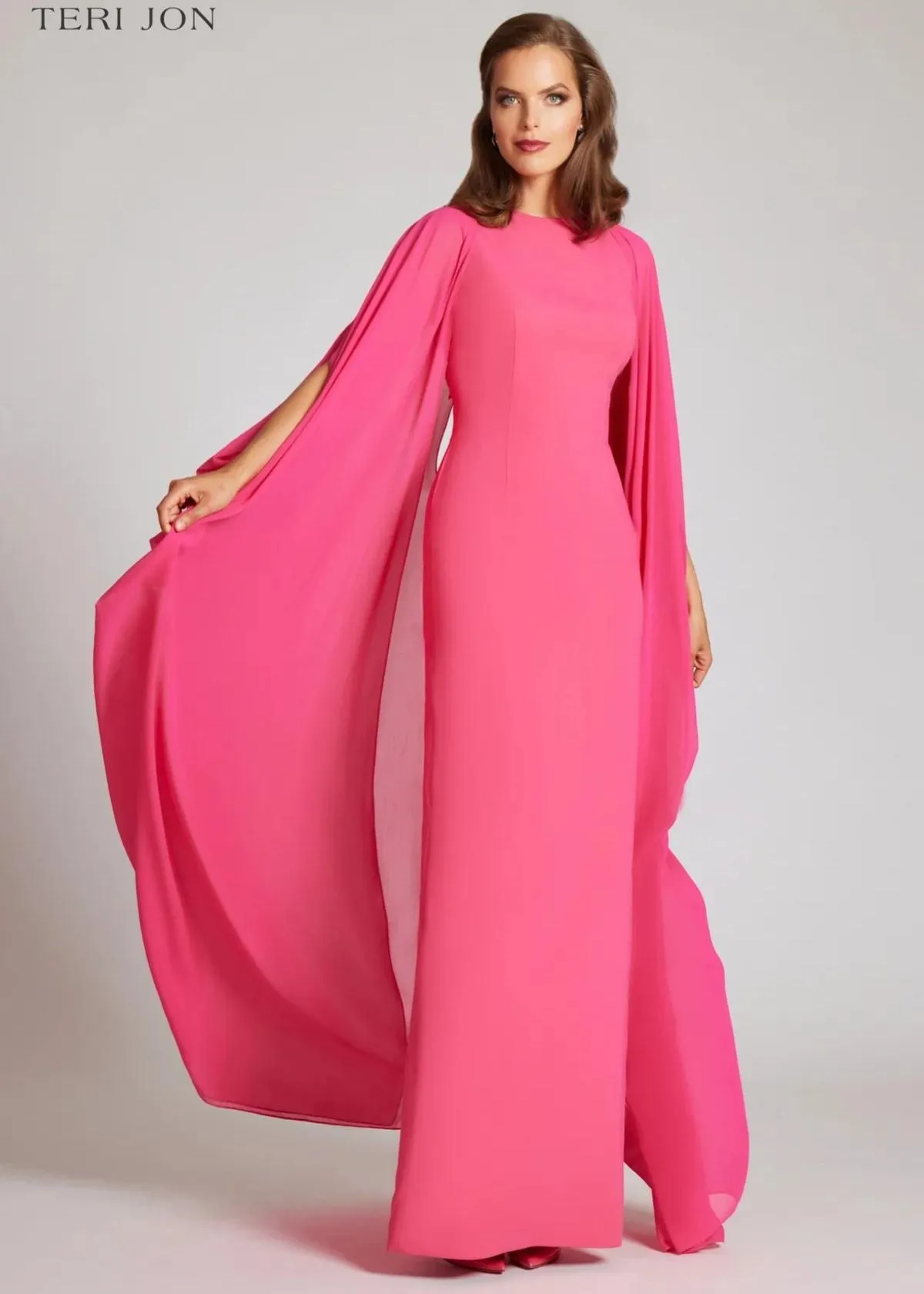 TERI JON Crepe Column Gown with Chiffon Overlay - Watermelon