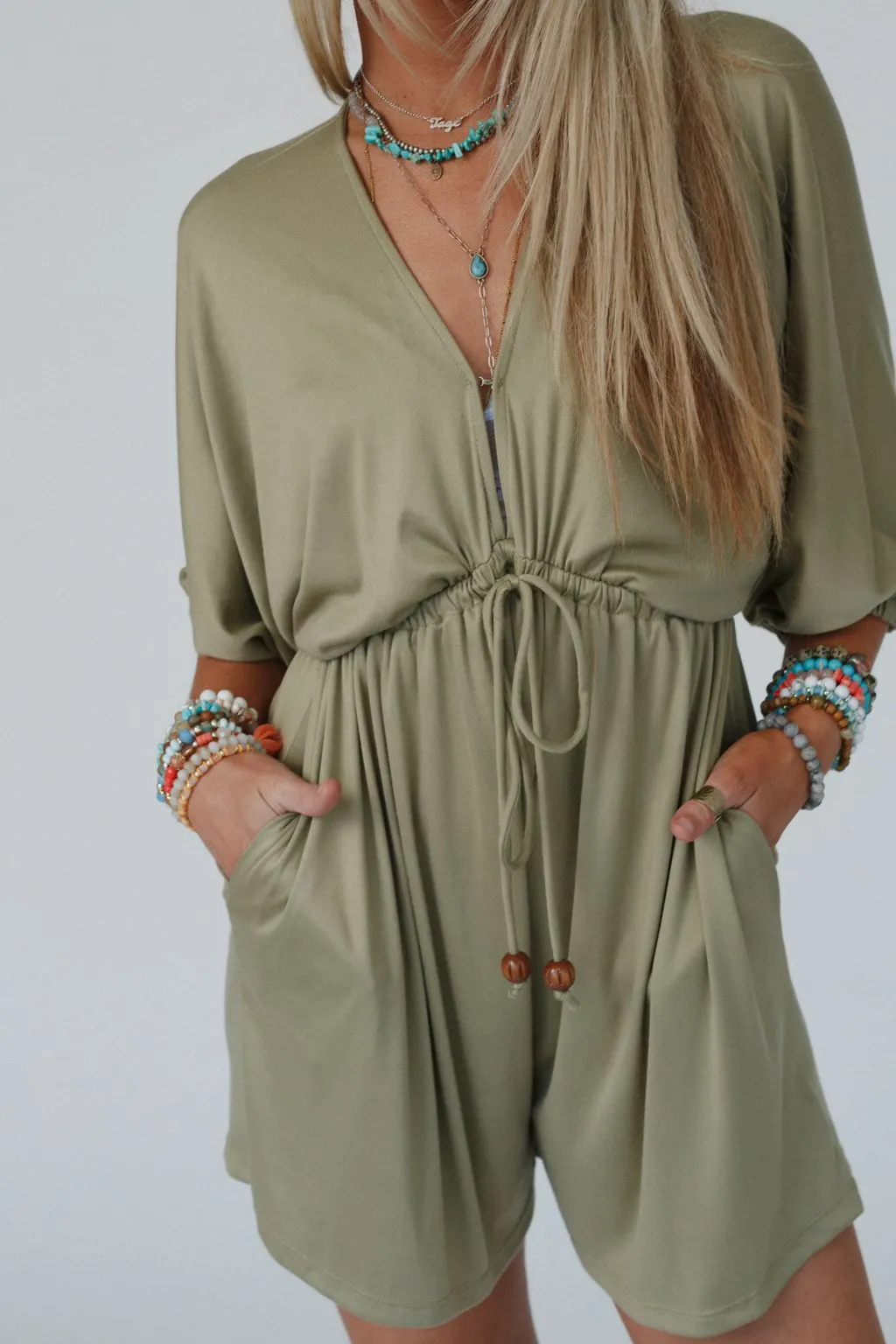 The Nest City Days Drawstring Romper - Olive