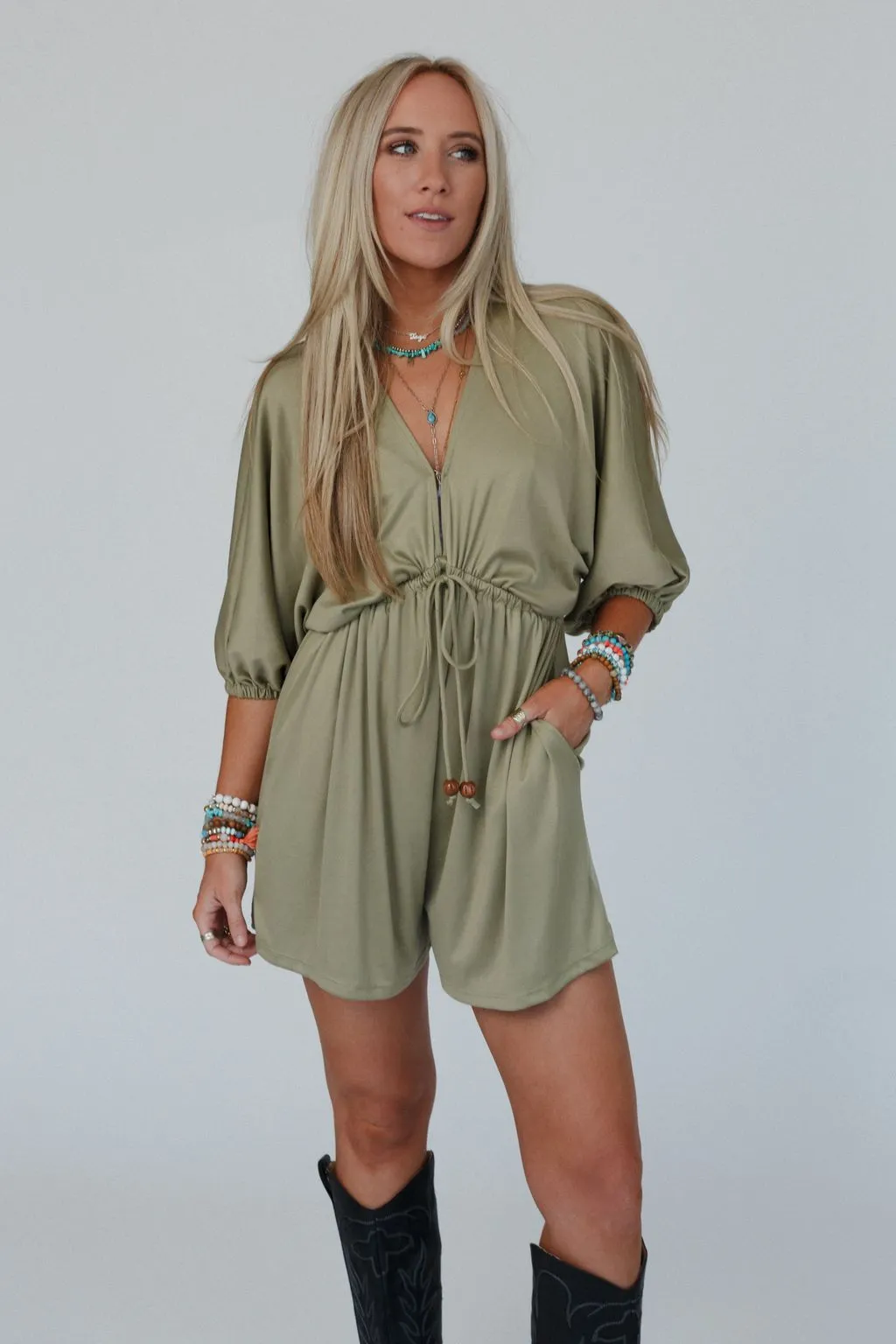 The Nest City Days Drawstring Romper - Olive