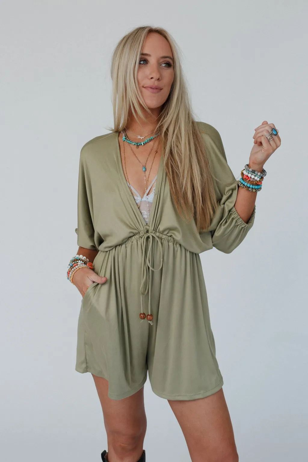 The Nest City Days Drawstring Romper - Olive