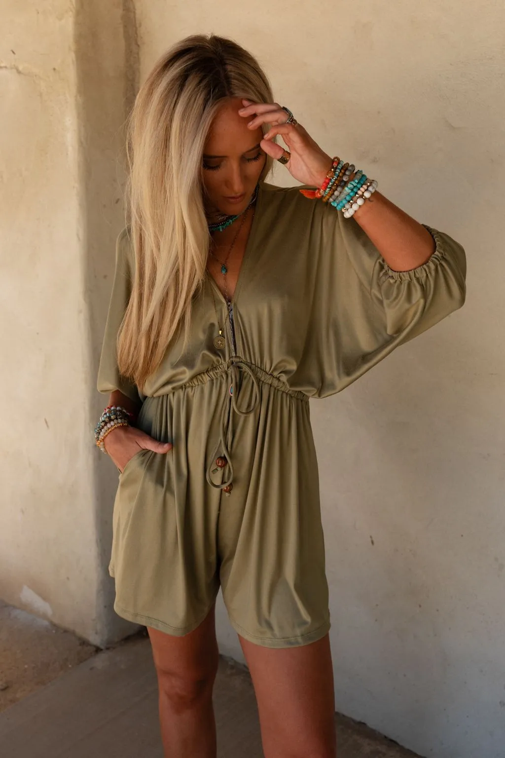 The Nest City Days Drawstring Romper - Olive