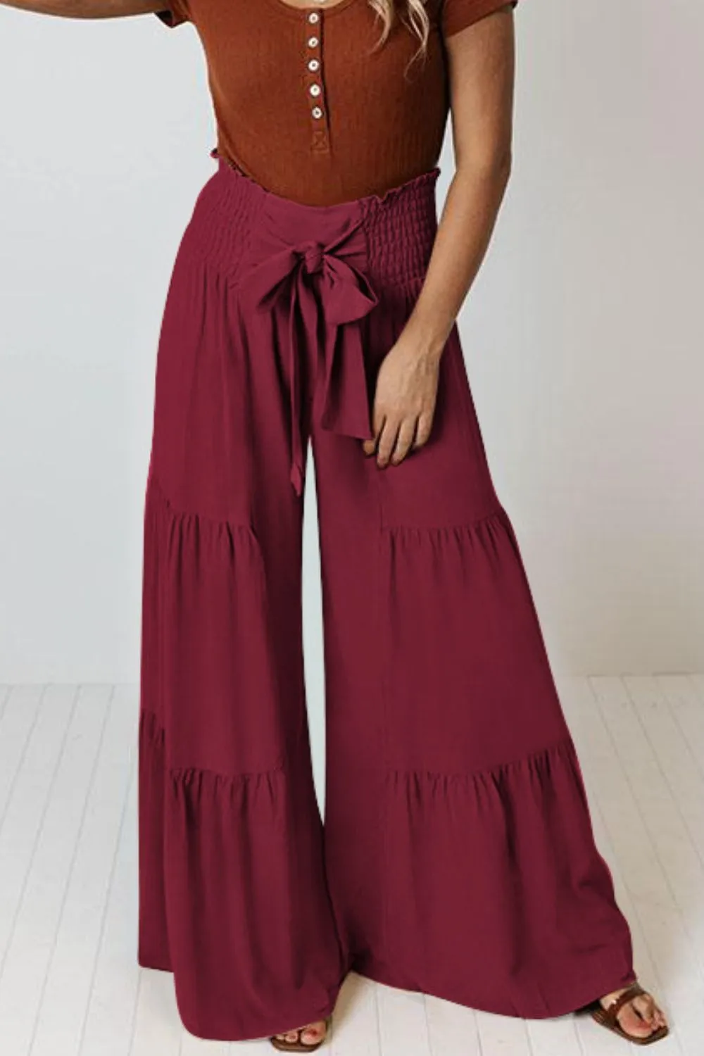 Tie Front Smocked Tiered Culottes