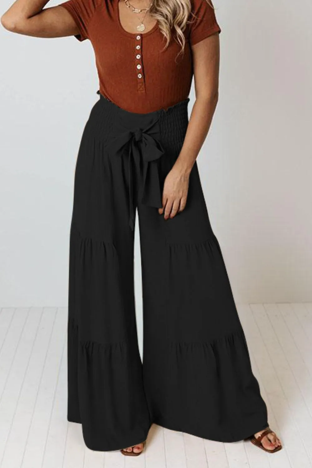 Tie Front Smocked Tiered Culottes