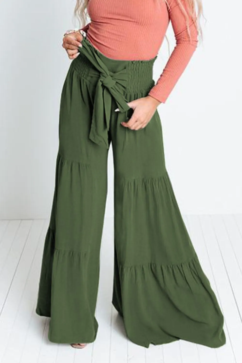 Tie Front Smocked Tiered Culottes