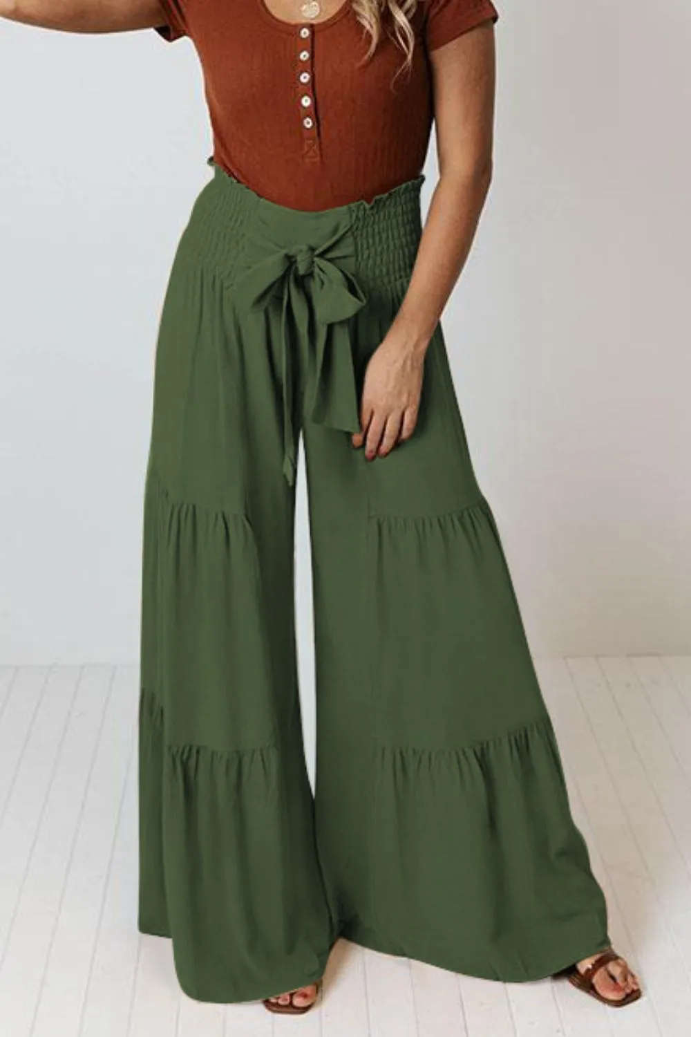 Tie Front Smocked Tiered Culottes