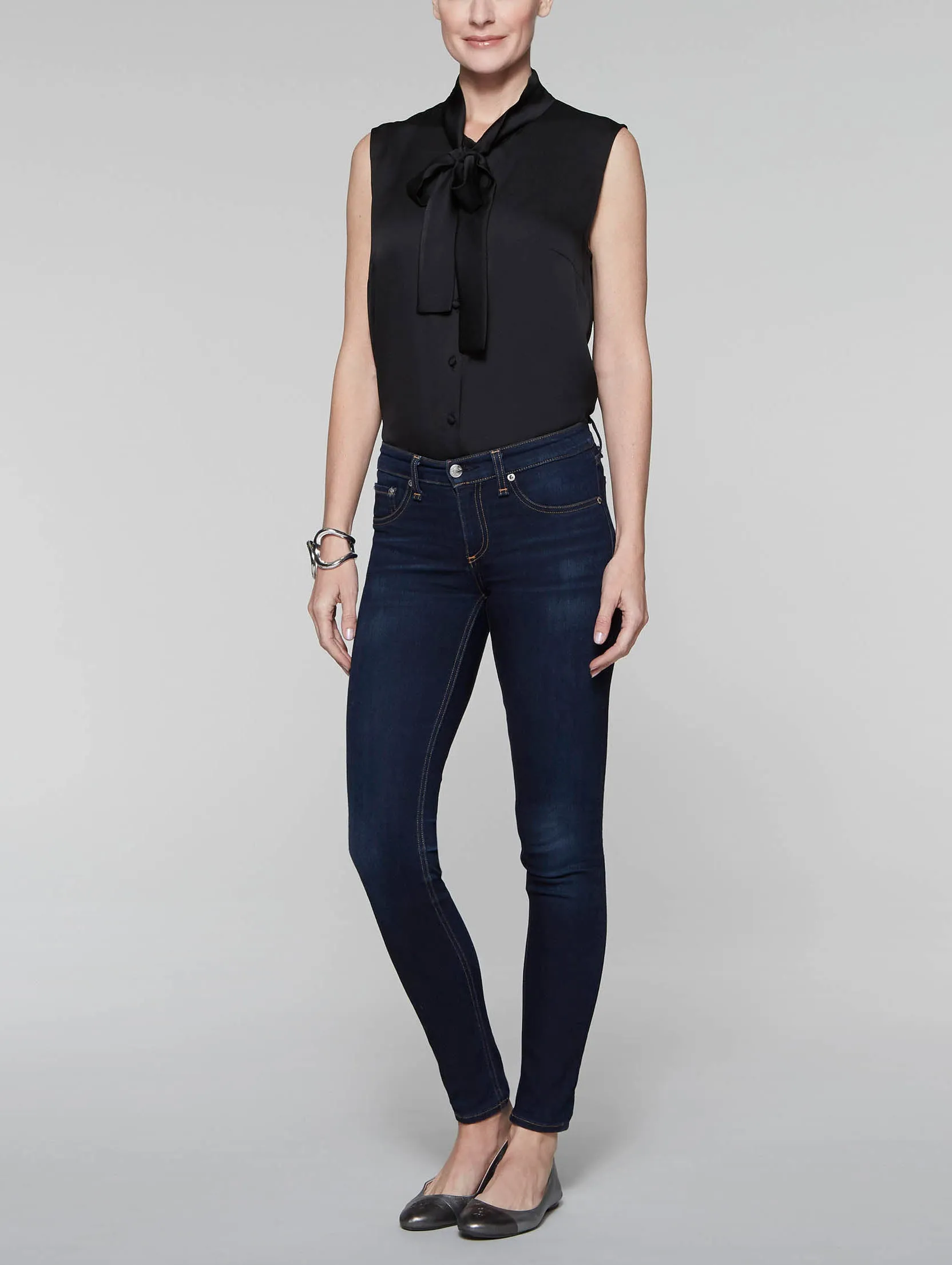 Tie-Neck Crepe de Chine Blouse, Black