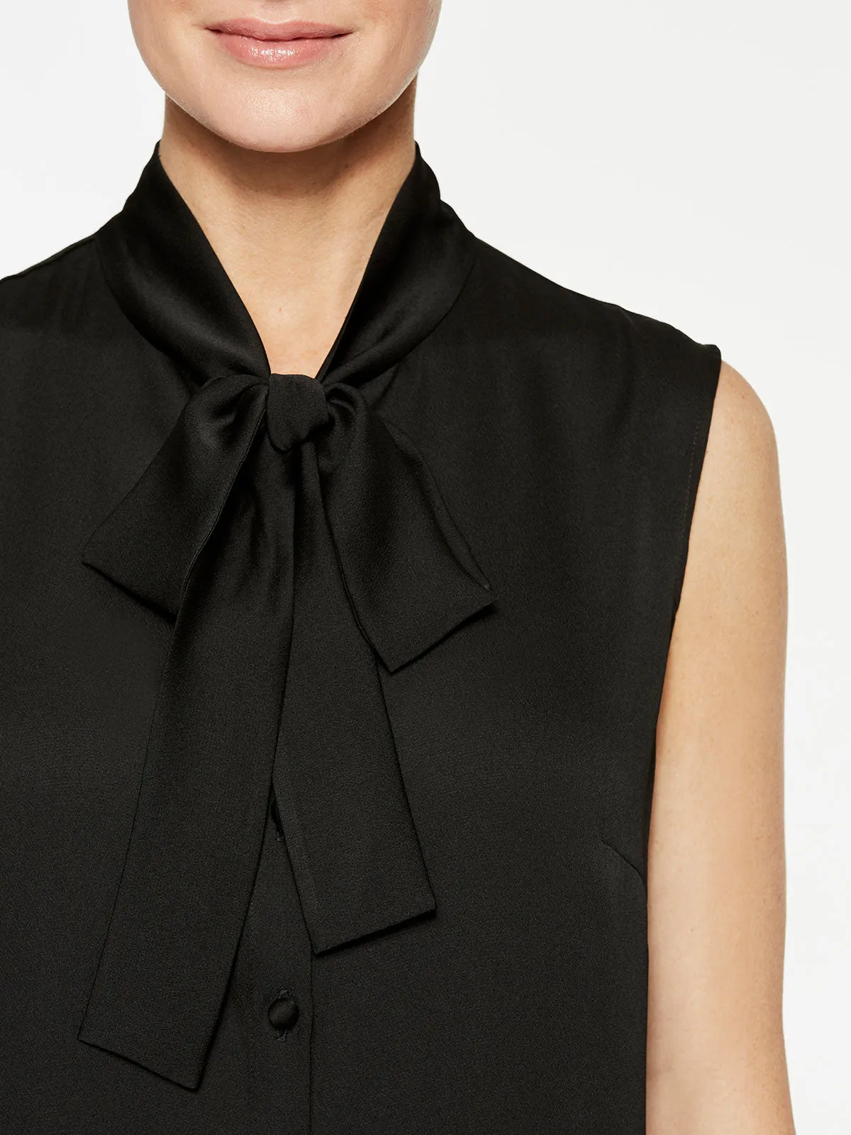 Tie-Neck Crepe de Chine Blouse, Black