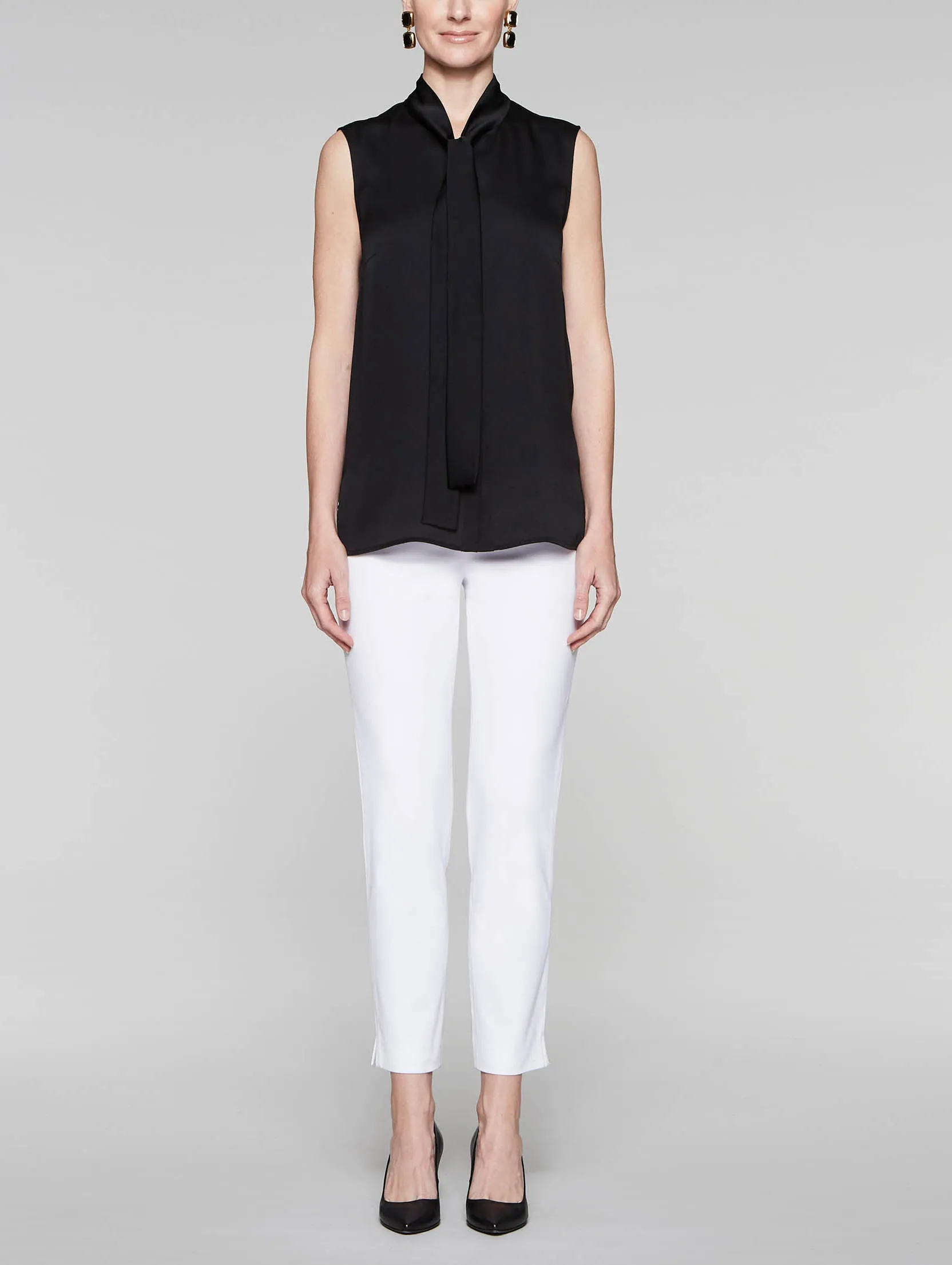 Tie-Neck Crepe de Chine Blouse, Black