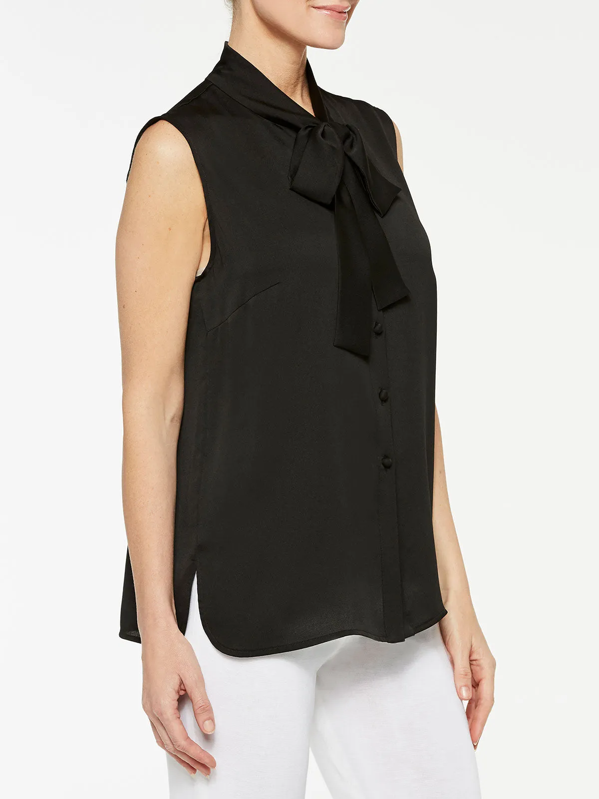 Tie-Neck Crepe de Chine Blouse, Black