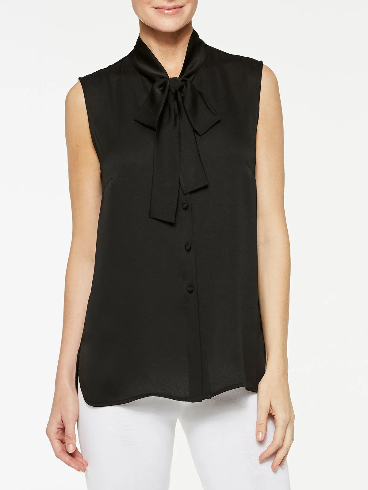 Tie-Neck Crepe de Chine Blouse, Black