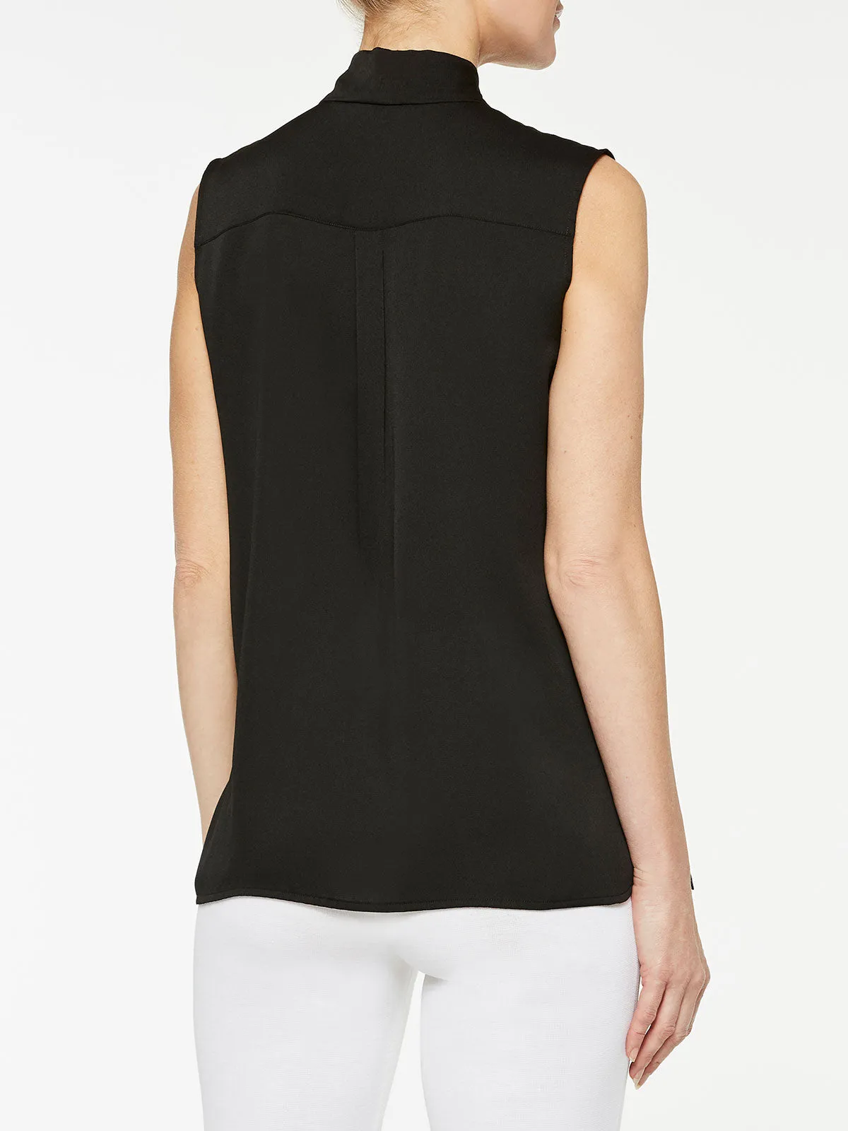 Tie-Neck Crepe de Chine Blouse, Black