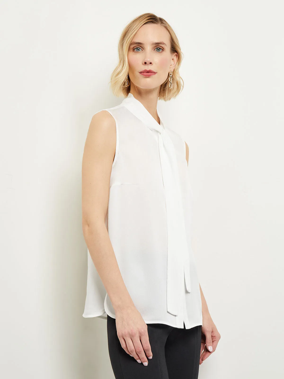 Tie-Neck Crepe de Chine Blouse, White