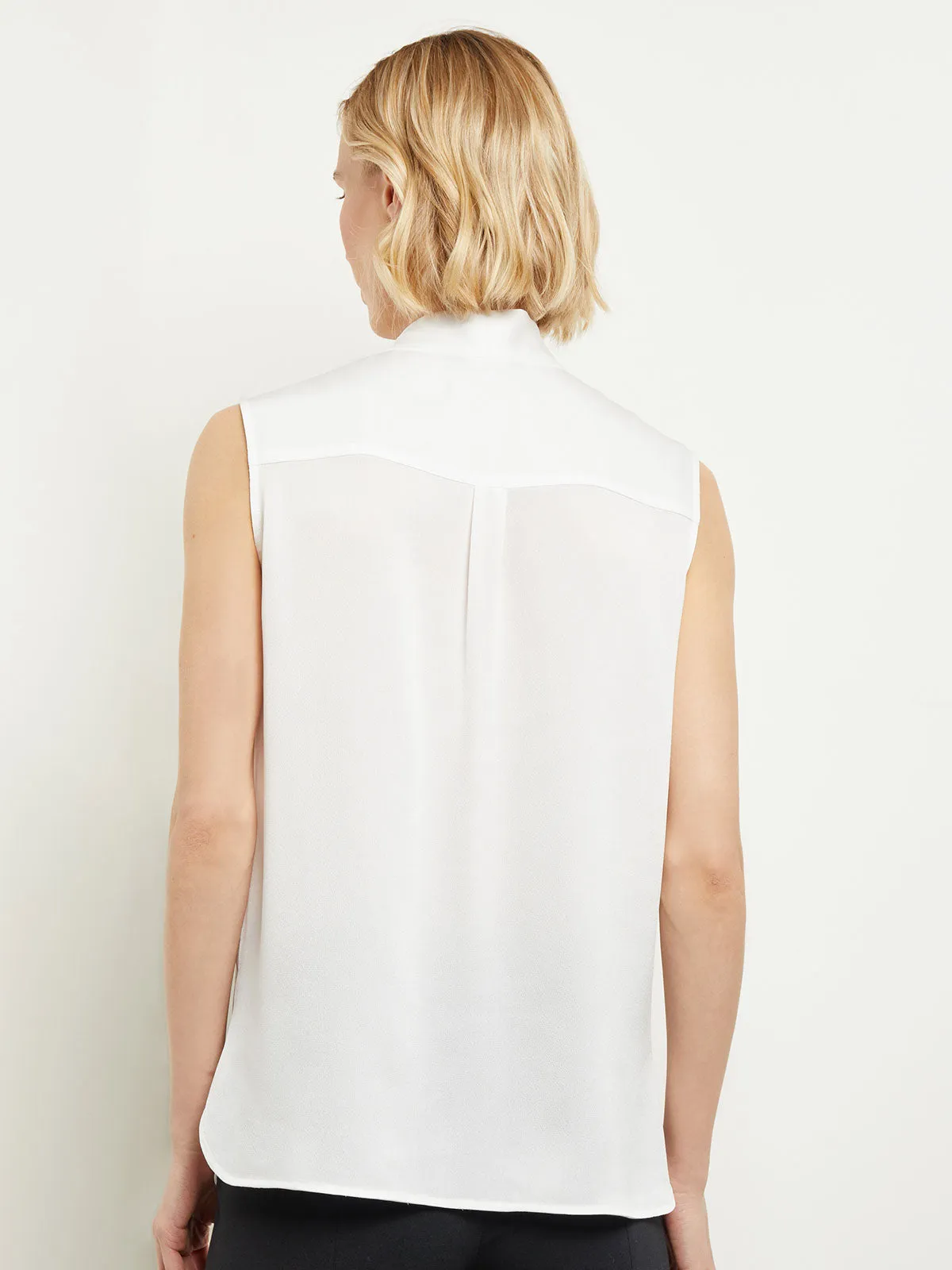 Tie-Neck Crepe de Chine Blouse, White