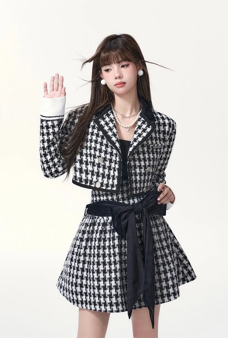 [Underpass] Monochrome Houndstooth Bowtie Jacket & Skirt Set