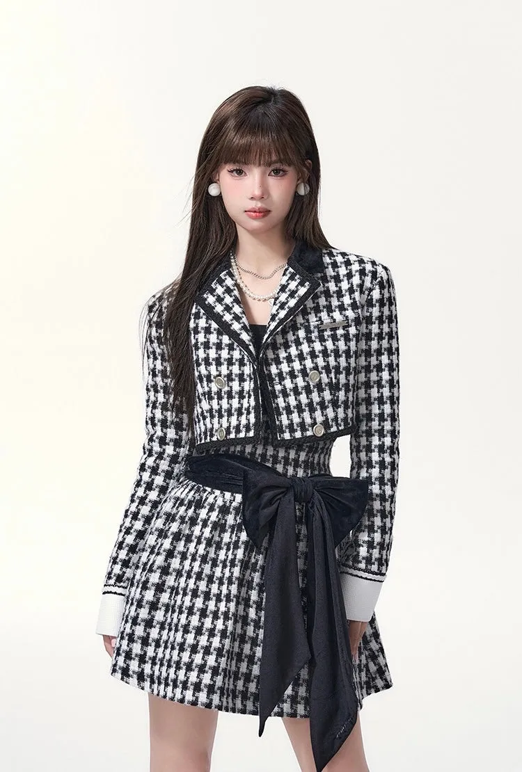 [Underpass] Monochrome Houndstooth Bowtie Jacket & Skirt Set