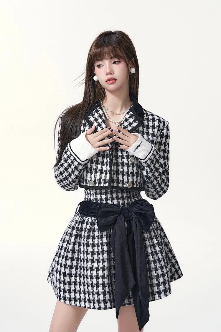 [Underpass] Monochrome Houndstooth Bowtie Jacket & Skirt Set