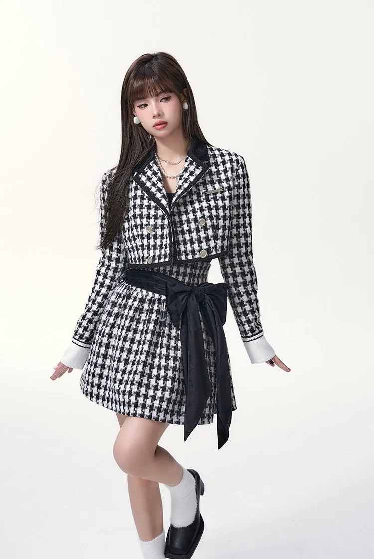 [Underpass] Monochrome Houndstooth Bowtie Jacket & Skirt Set