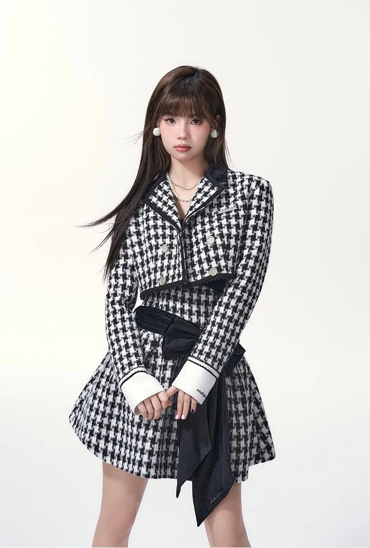 [Underpass] Monochrome Houndstooth Bowtie Jacket & Skirt Set