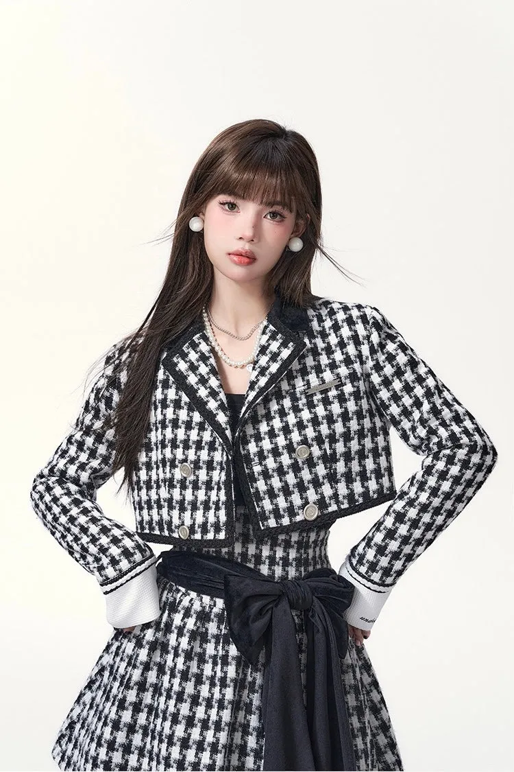 [Underpass] Monochrome Houndstooth Bowtie Jacket & Skirt Set