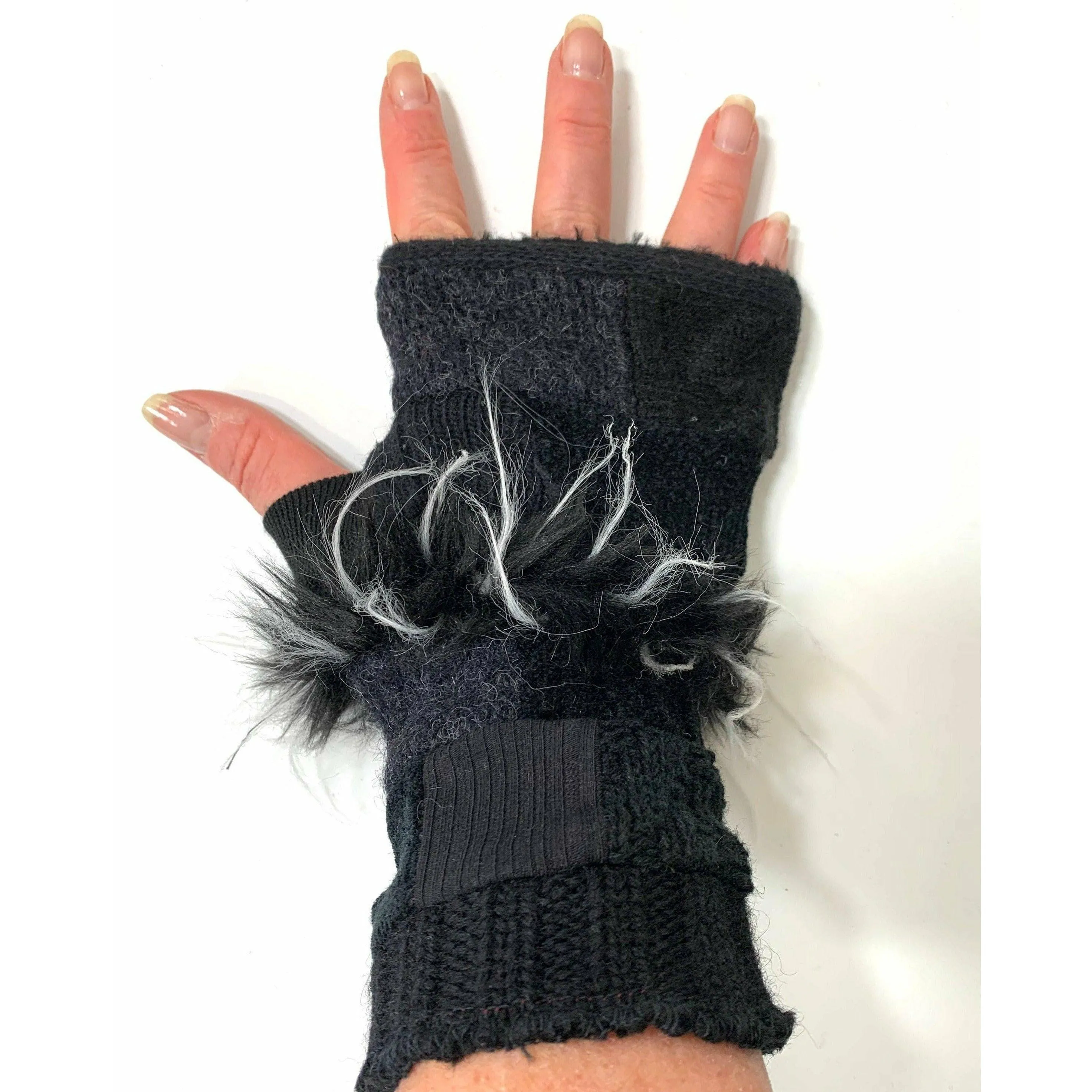 Up cycled Repurposed Recycled sweater texting Patchwork fingerless gloves in in black with fake fur. FREE Shipping