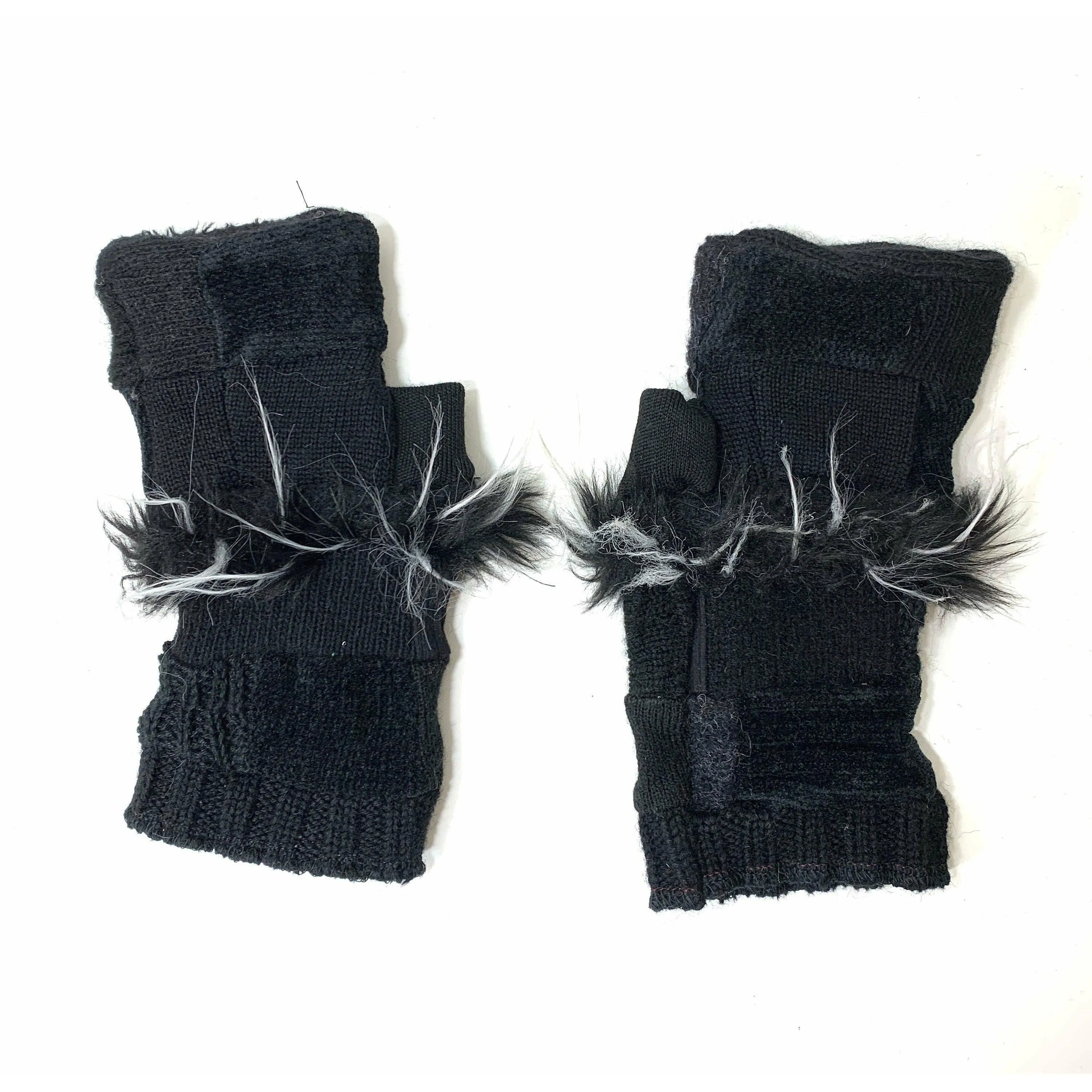 Up cycled Repurposed Recycled sweater texting Patchwork fingerless gloves in in black with fake fur. FREE Shipping