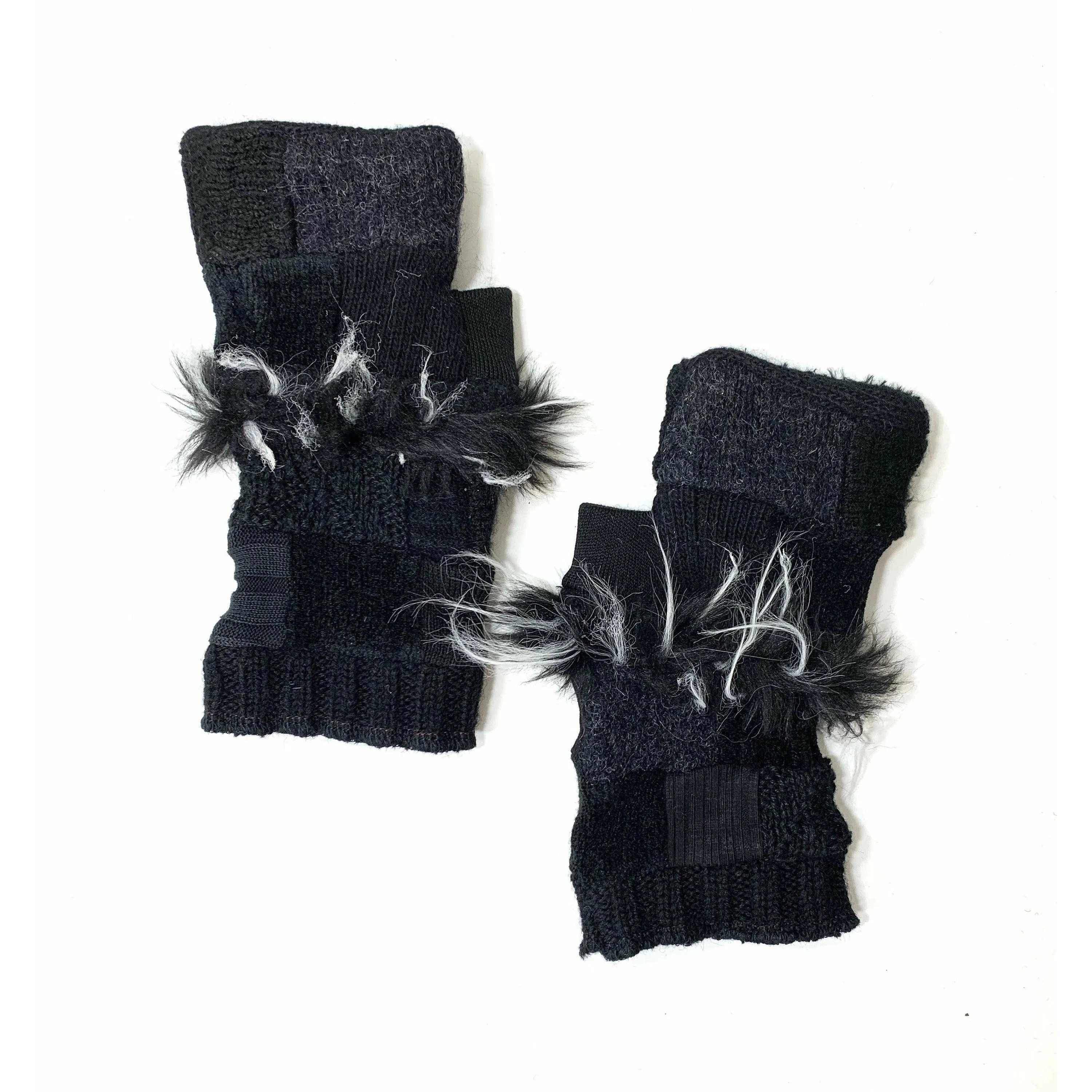 Up cycled Repurposed Recycled sweater texting Patchwork fingerless gloves in in black with fake fur. FREE Shipping