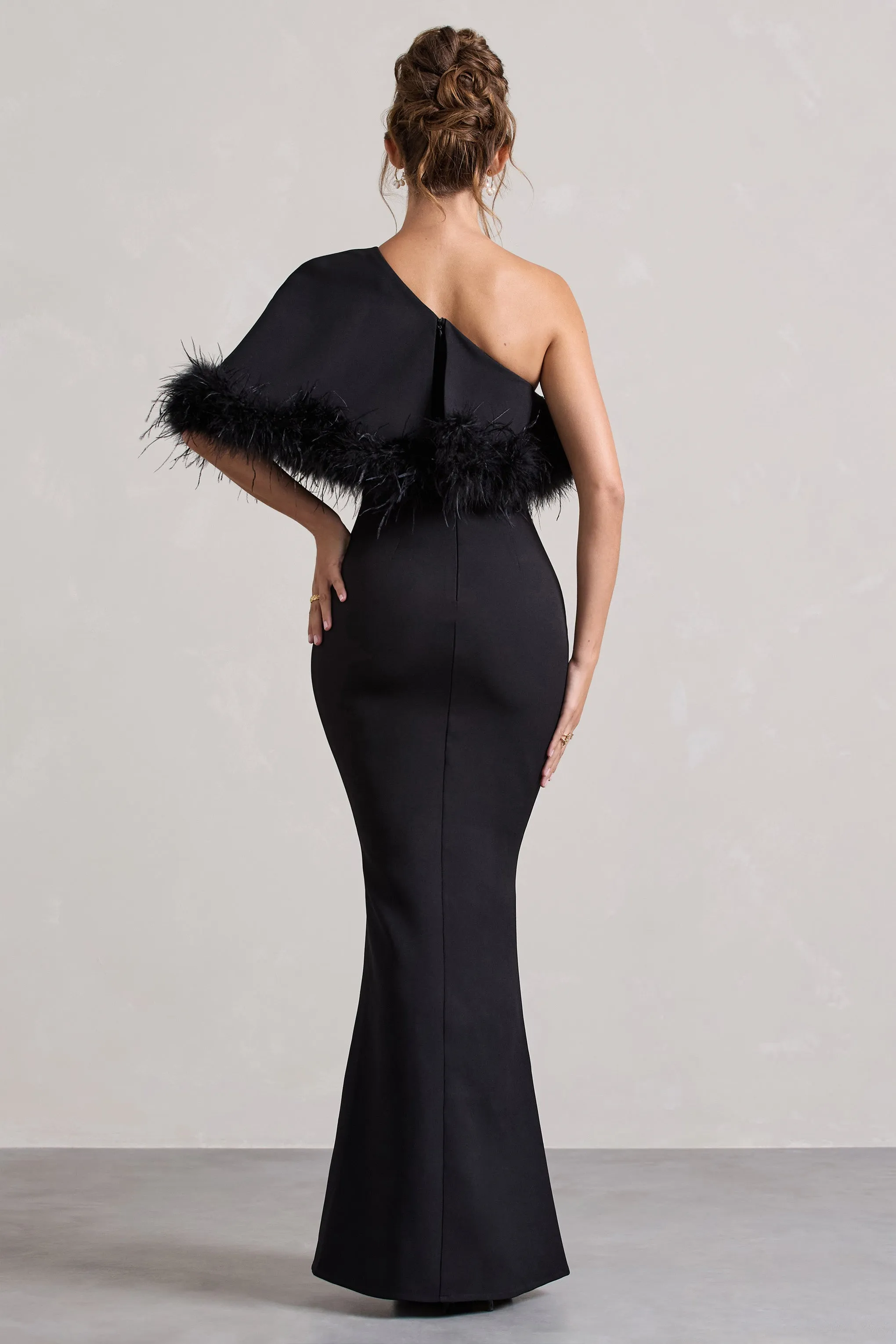 Valor | Black Asymmetric Maxi Dress With Feather Trim