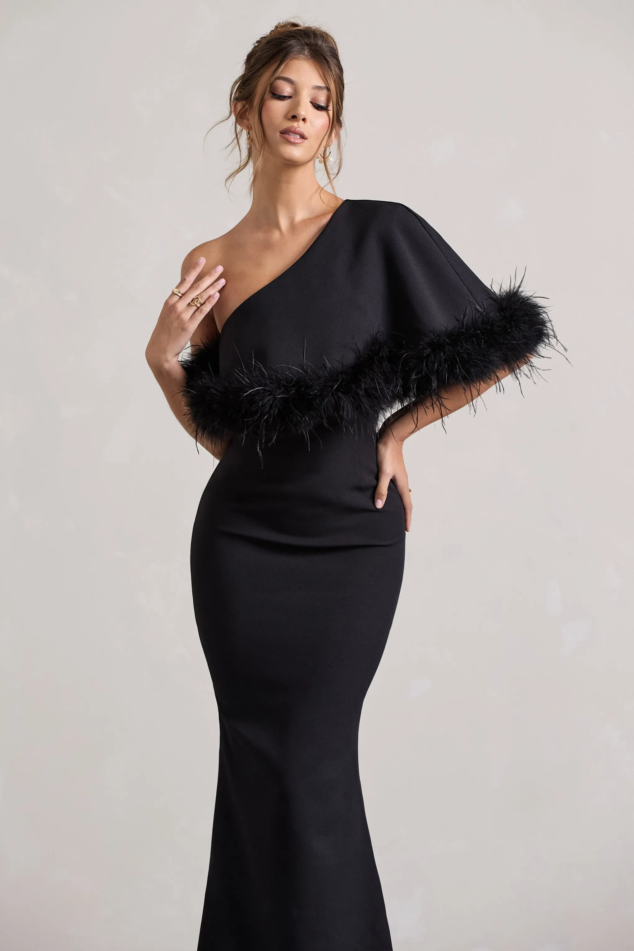 Valor | Black Asymmetric Maxi Dress With Feather Trim