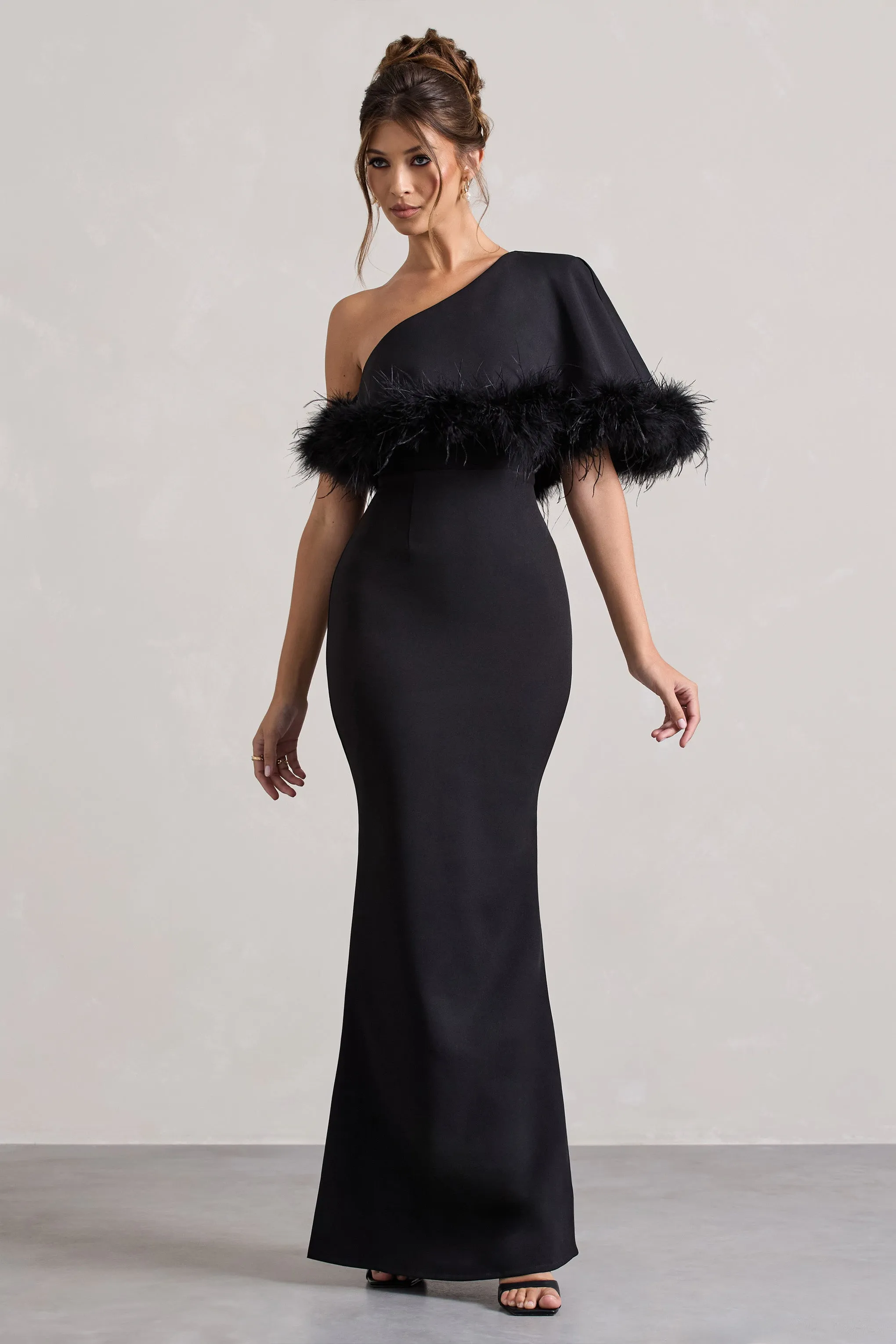 Valor | Black Asymmetric Maxi Dress With Feather Trim