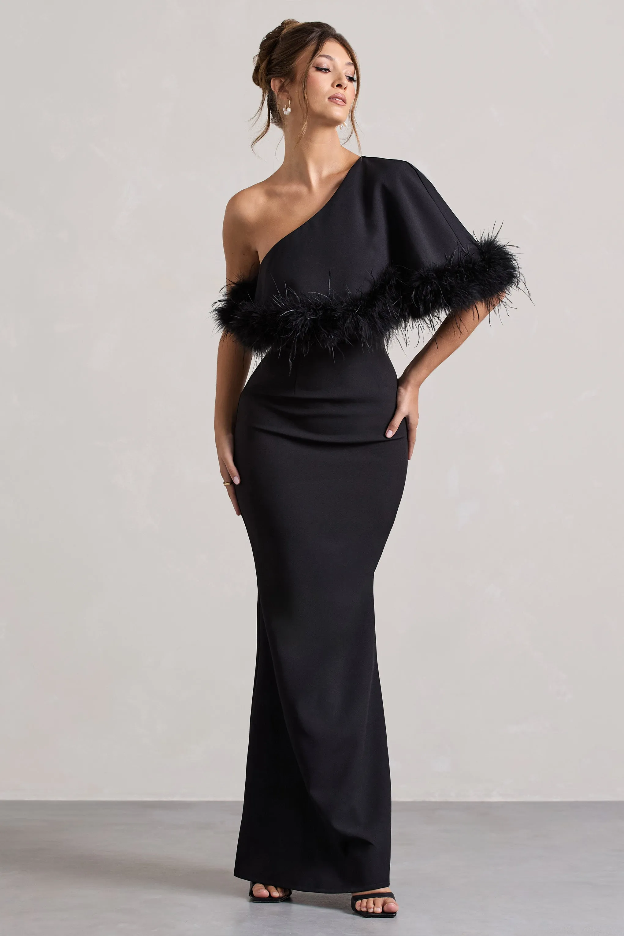 Valor | Black Asymmetric Maxi Dress With Feather Trim