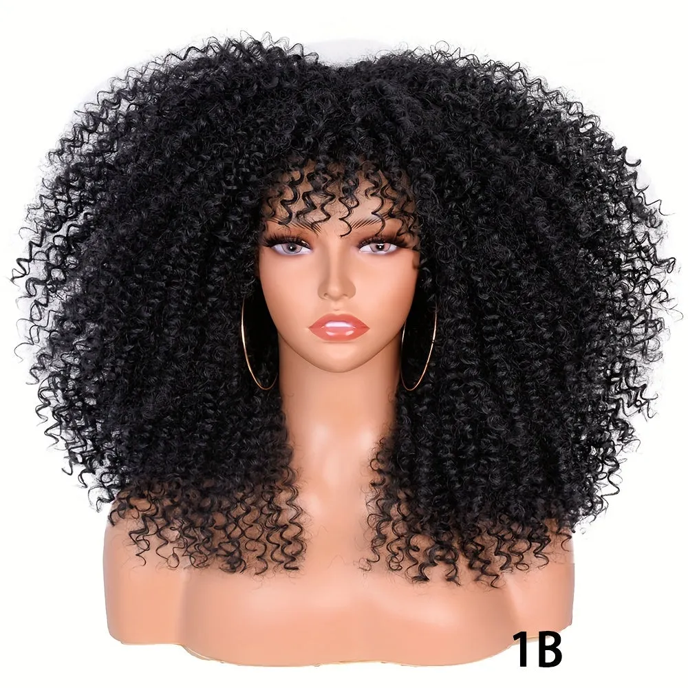 Versatile 16-Inch Afro Kinky Curly Wig | Comfort Fit with Bangs | Unisex, Easy Maintenance for Daily Wear & Cosplay