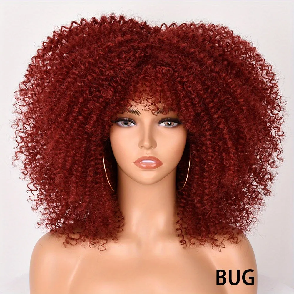 Versatile 16-Inch Afro Kinky Curly Wig | Comfort Fit with Bangs | Unisex, Easy Maintenance for Daily Wear & Cosplay