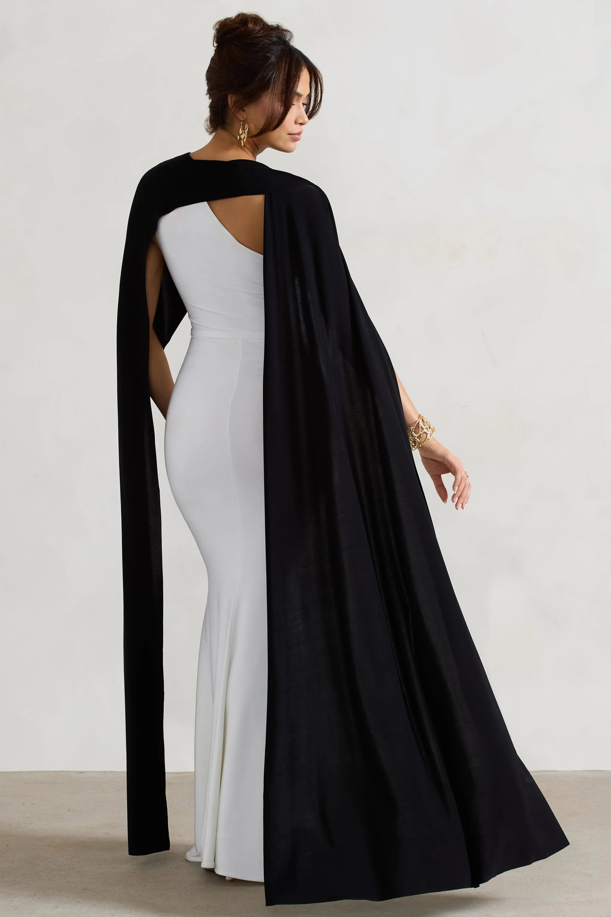 Vianna | White Strapless Maxi Dress With Black Cape