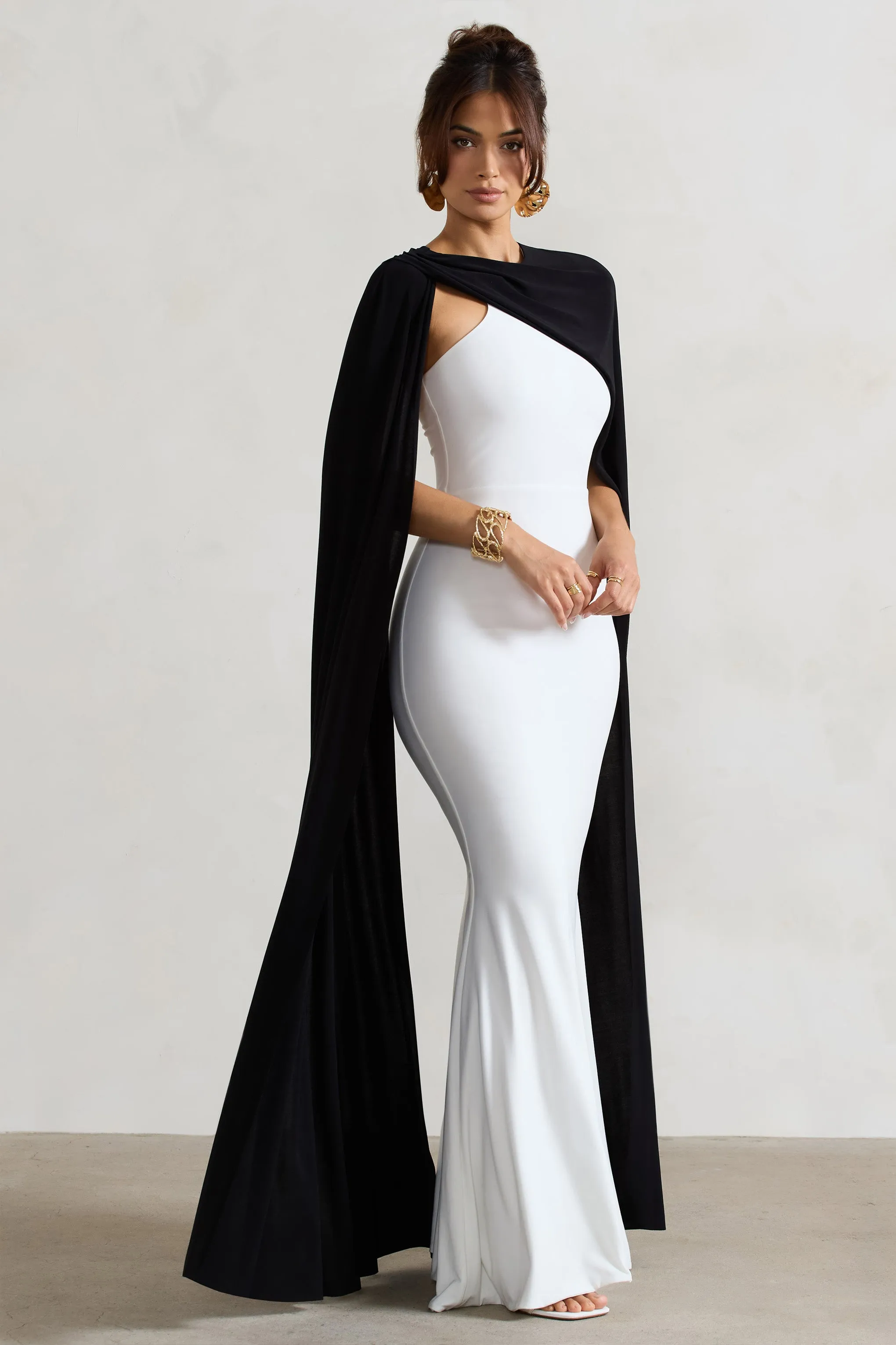 Vianna | White Strapless Maxi Dress With Black Cape