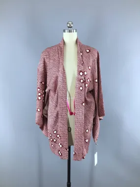 Vintage 1950s Silk Kimono Jacket Cardigan / Maroon White Shibori