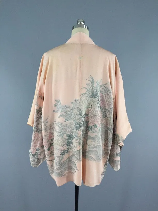 Vintage 1950s Vintage Silk Vintage Haori / Kimono Cardigan / Peach Pastel