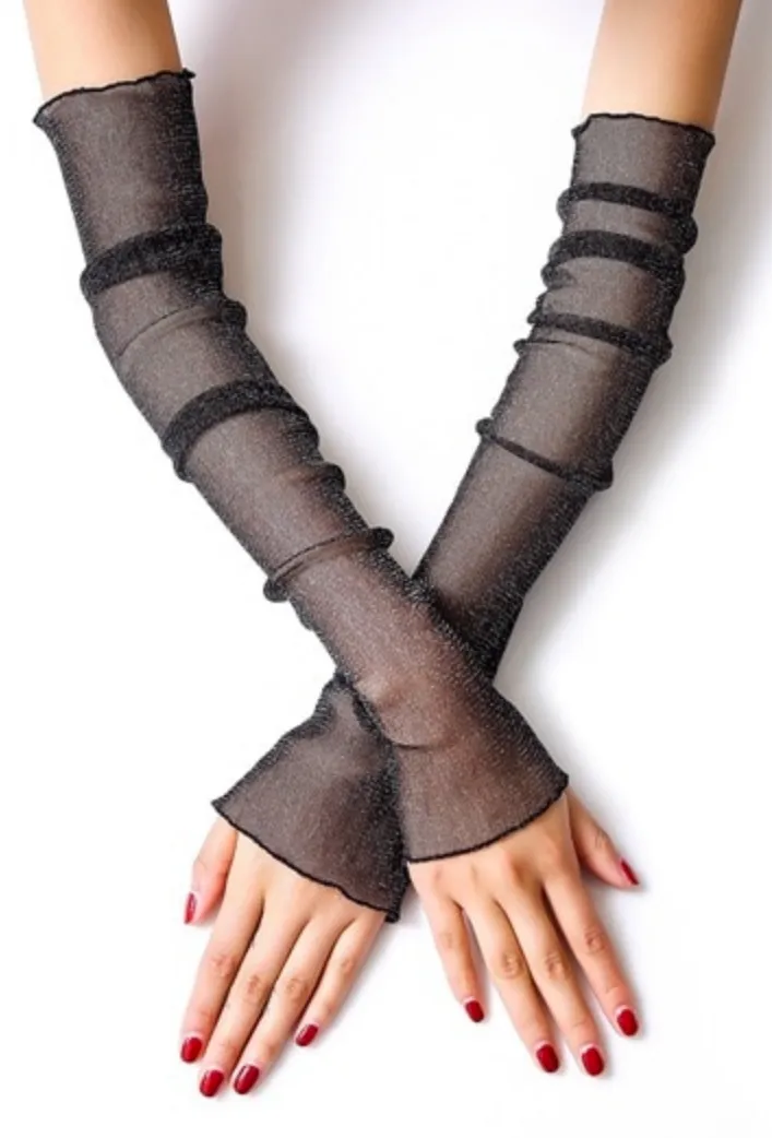 Vintage Style Sheer Glitter Nylon Mesh Fingerless Opera Evening Glove - Black