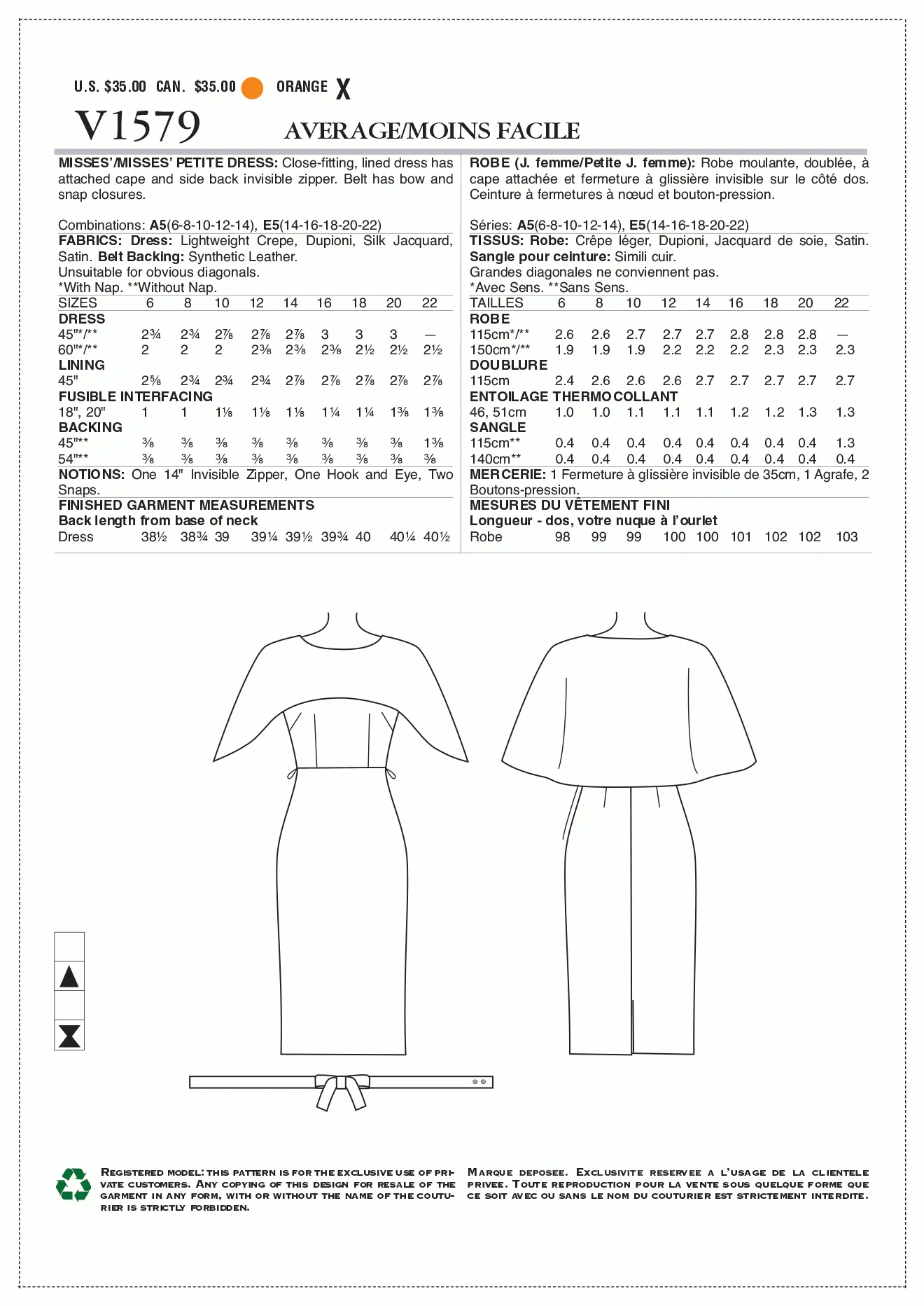 Vogue Pattern V1579 Misses'/Misses' Petite Dress