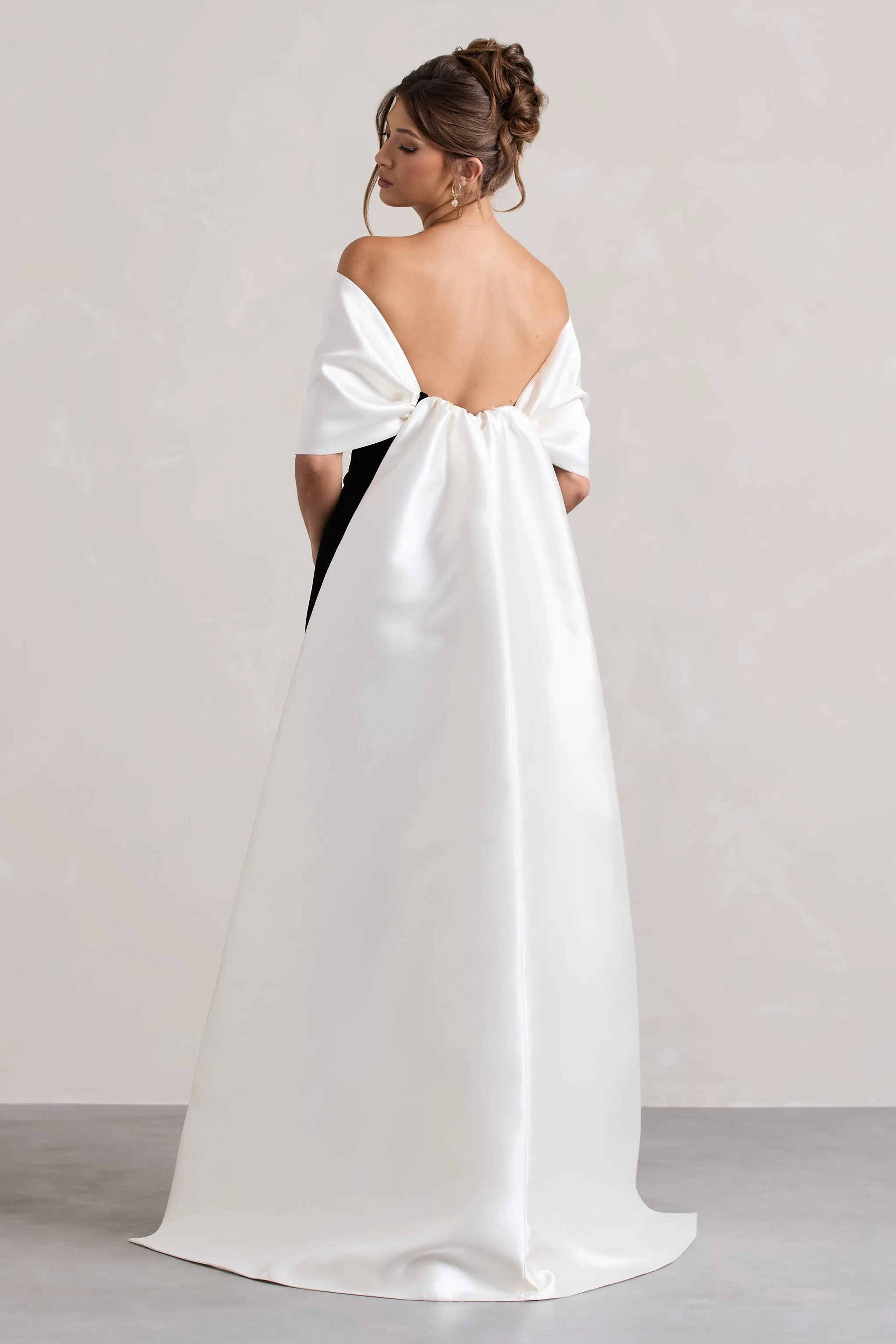 Wanting More | Black & White Satin Cape Maxi Dress With Oversized Bow