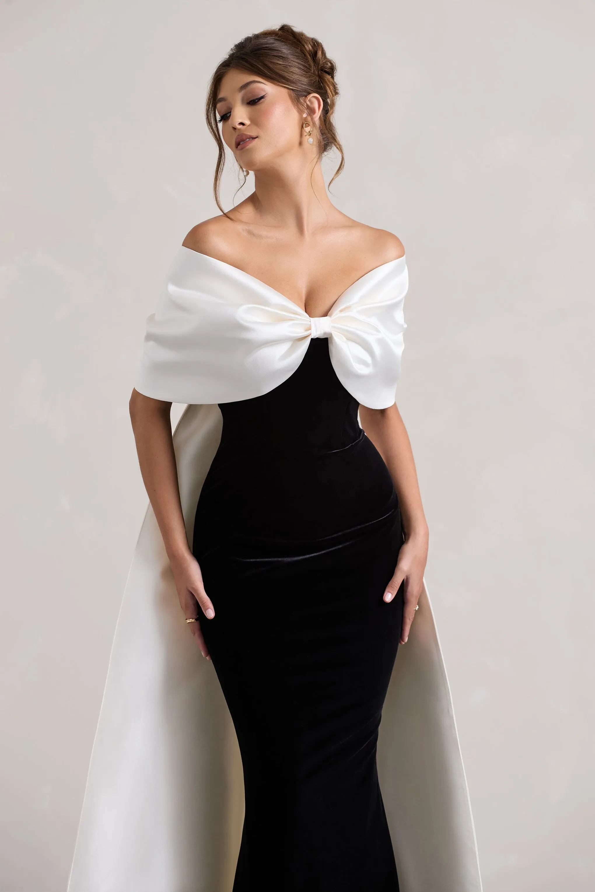 Wanting More | Black & White Satin Cape Maxi Dress With Oversized Bow