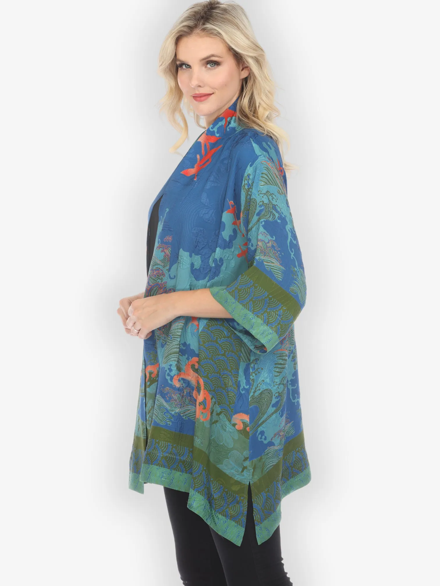 Waves and Crane in Blue Kimono Jacket