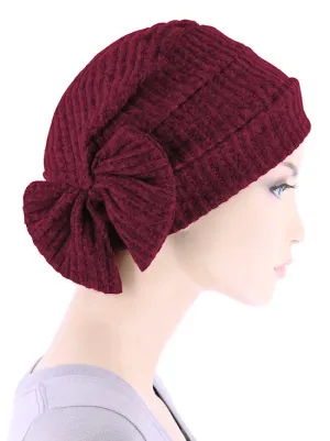 Winter Cloche Bow Hat Burgundy Ribbed