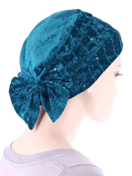 Winter Cloche Bow Hat Teal Sapphire Sequin