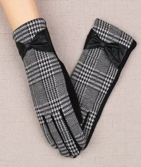 Winter Warm Gloves Women Touch Screen Houndstooth Leather Bow