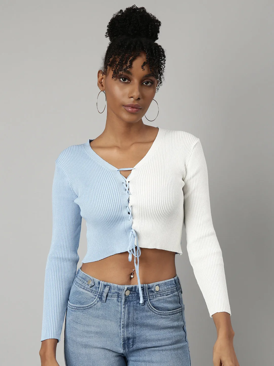 Women Blue Colourblocked Fitted Crop Top