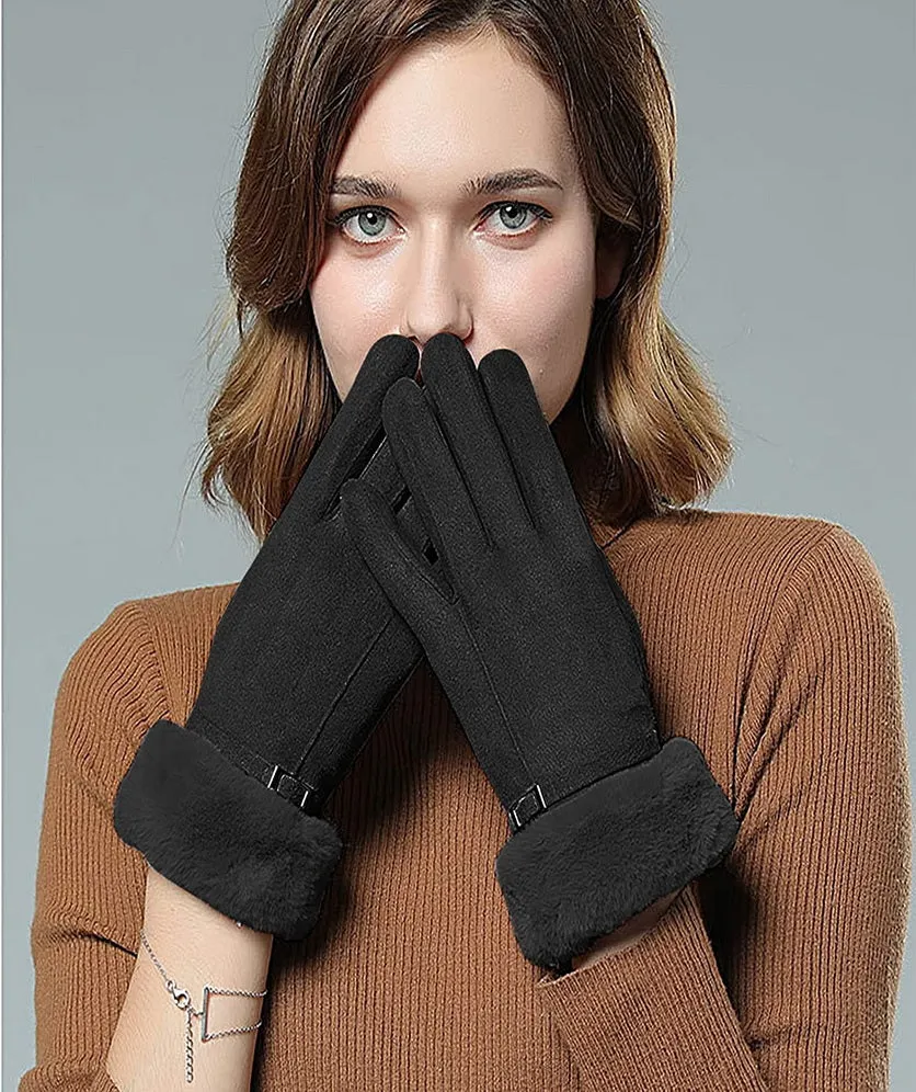 Women Winter Gloves Warm Ladies Touch Screen Gloves Suede Buckle