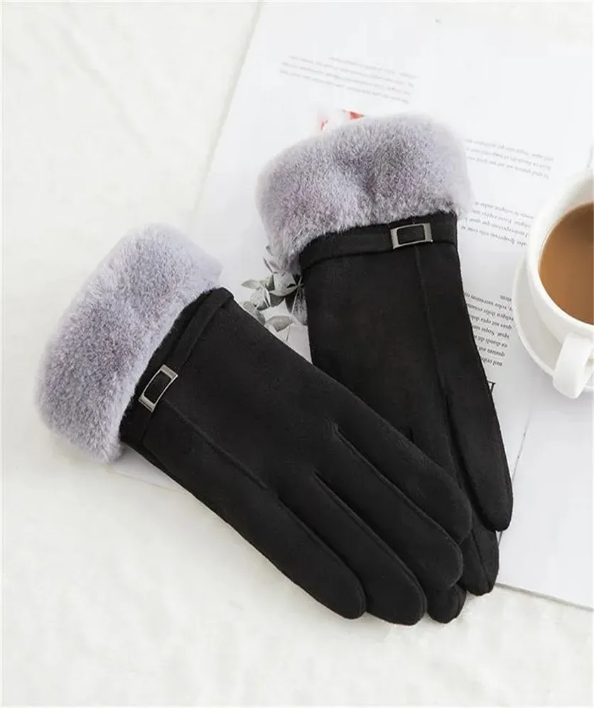 Women Winter Gloves Warm Ladies Touch Screen Gloves Suede Buckle