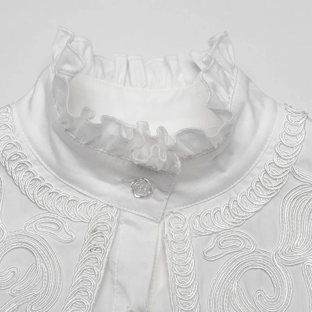 Women's Gothic Ruffled Stand Collar Lace-up Shirt White