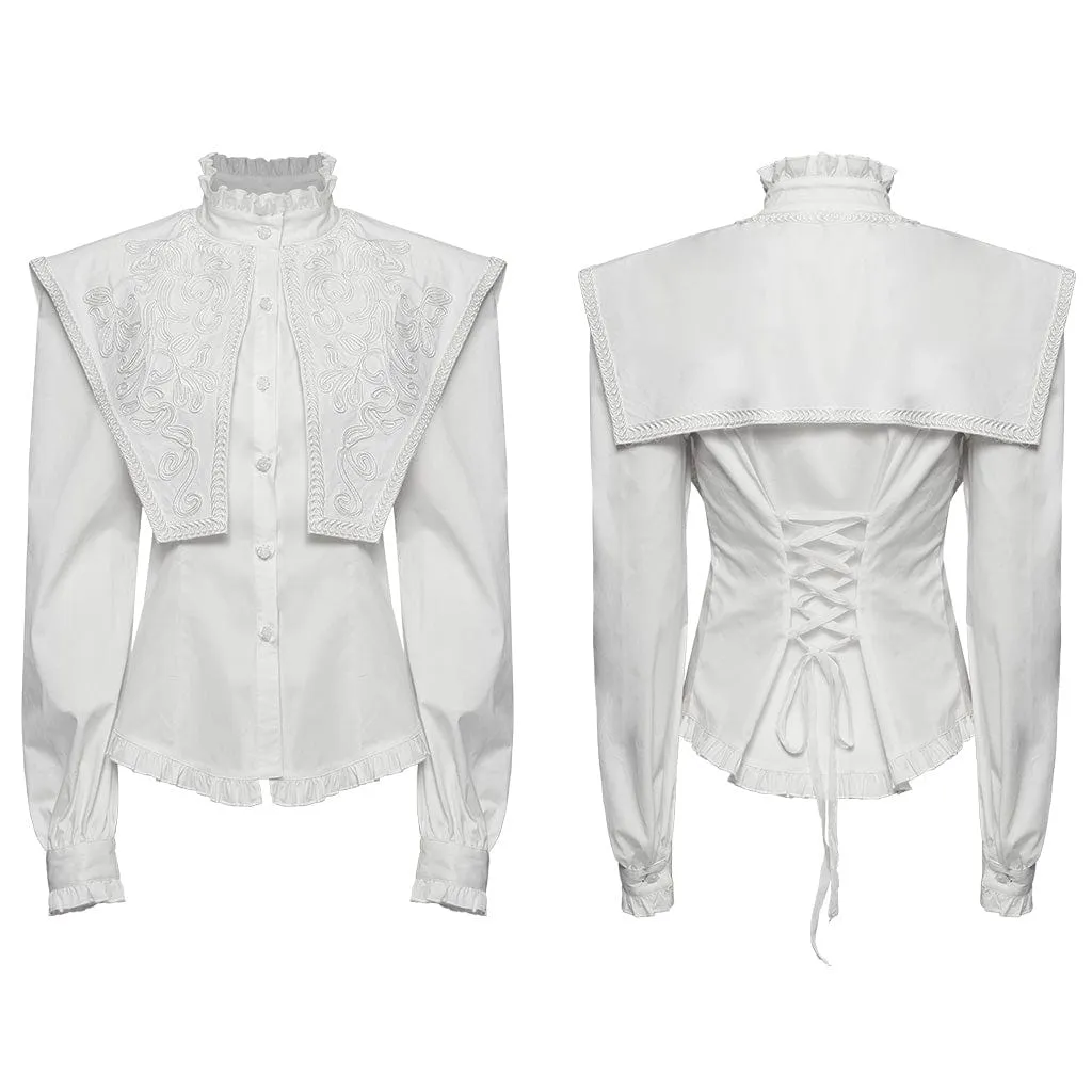 Women's Gothic Ruffled Stand Collar Lace-up Shirt White